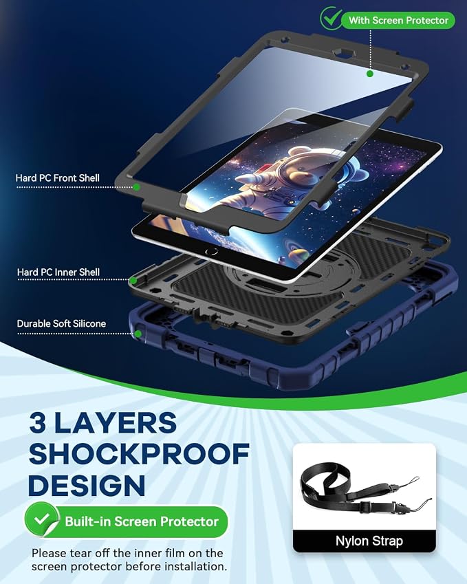Cantis Case for iPad 9th/8th/7th Generation with Screen Protector iPad 10.2 Case 2021/2020/2019 with 360 Degree Rotating Stand/Shoulder Strap/Pencil Holder Alpine Green