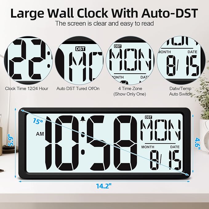XREXS Large Digital Wall Clock Battery Operated with Backlight, 15" LED Large Display Timer with Temperature Date Week Auto DST Adjustable Brightness, Alarm Clock for Classroom, Livingroom, Office