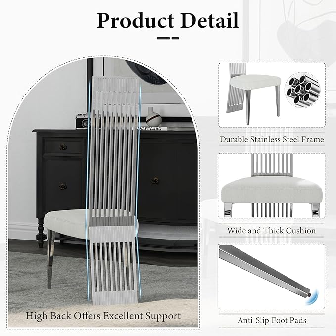 Upholstered Dining Chairs Set of 10, White and Silver Dining Room Chairs, Modern Luxury Chairs with High Back and Mirrored Silver Metal Legs for Kitchen Living Room Restaurant