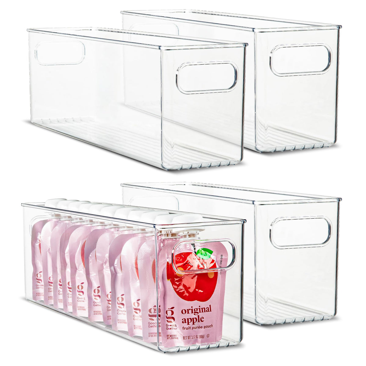 Plastic Food Storage 2 Pack Clear Container Bin with Handles for Organizing Kitchen, Pantry, Refrigerator, Freezer, Pantry, Cabinet, Closet, Bathroom. 16”x8”x5”