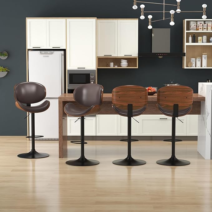 KCC Bar Stools, Swivel Adjustable Height Barstools, PU Leather Upholstered Bar Chairs with Footrest, Bentwood Bar Stool for Kitchen, Bar, Dining Room(Brown PU)