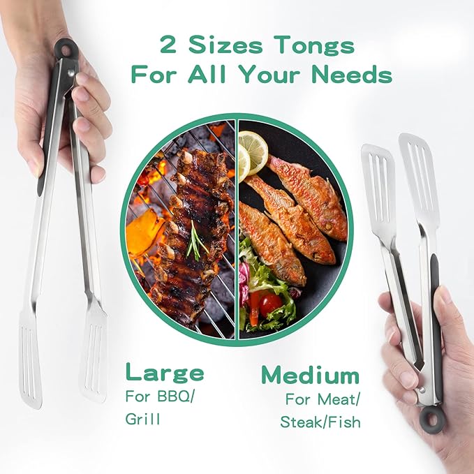 Lebabo Tongs for Cooking, Set of 2 Metal Spatula Tongs for Grilling, Black