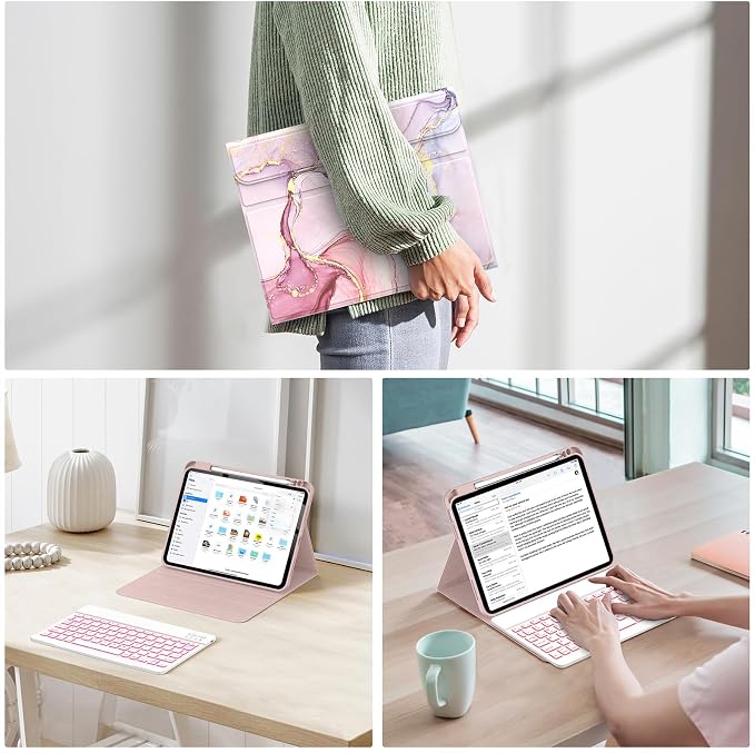Soke for iPad (A16) 11th/10th Gen Case with Keyboard Black Marble | For iPad 11/10.9 inch(2025/2022) 7 Color Backlight Magnetic wireless Detachable Keyboard Case Built-in Pencil Holder