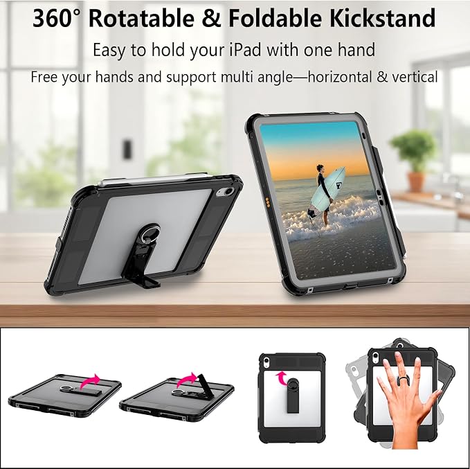 10.2 Waterproof Case Compatible with iPad 9th 8th 7th Generation 2021/2020/2019 Built-in Screen Protector with Strap Stand Pencil Holder Full Body Heavy Duty Protective Shockproof