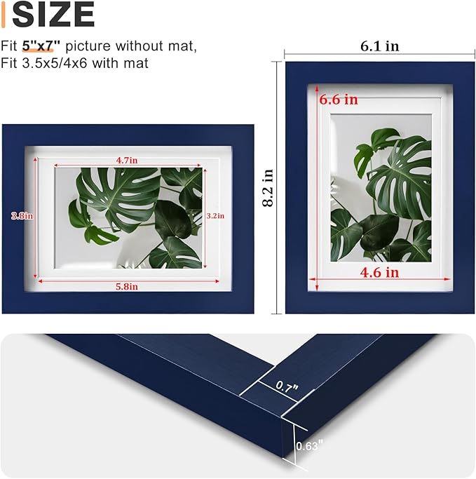 Egofine 5x7 Picture Frame Made of Solid Wood,Covered by Plexiglass Display Pictures 3.5x5/4x6 with Mat or 5x7 Without Mat for Table Top Display and Wall Mounting Photo Frame, Navy Blue