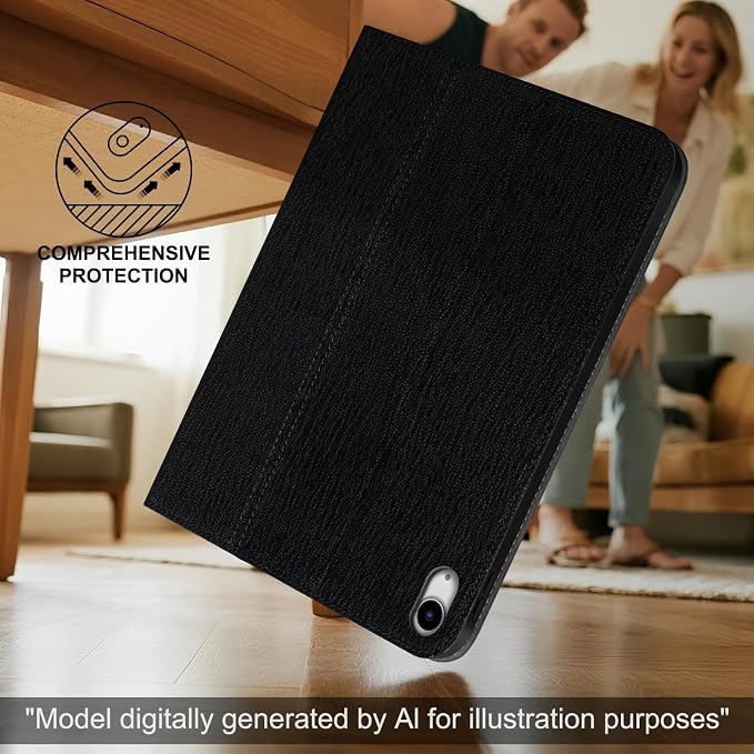 Leather Case for iPad (A16) 11th (11)/ 10th Generation (10.9) Full Grain LeatherProtective Smart Folio Cover with Pencil Holder Auto Sleep/WakeAnti Slip Black Silver