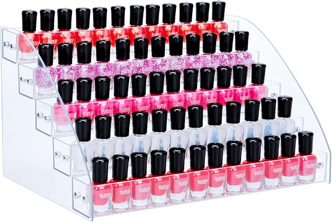 KINGROW Nail Polish Organizer Holder Rack 5 Layers Acrylic Display Rack Eyeglasses Shelf Essential Oils Ink Storage Holds Up to 80 (Fit 1-2oz Bottles)