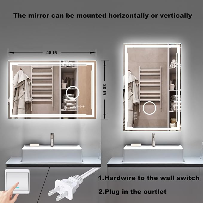 30''X48'' LED Bathroom Mirror with Lights, Built-in Bluetooth Speaker and 3X Magnifier, Anti-Fog Dimmable Backlit + Front Lit, Lighted Vanity Makeup Wall Mirrors, Shatter-Proof IP65 Waterproof