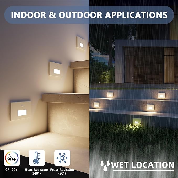 4 Pack Motion Sensor Stair Lights Indoor Outdoor, 120V Hardwired Motion Activated Step Lights, 4W 300LM Dimmable Staircase Light, 5CCT Stairway Light, 2700K/3000K/4000K/5000K/6500K, ETL, White