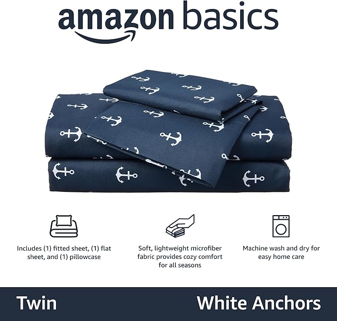 Amazon Basics Kid's Soft Easy-Wash Lightweight Microfiber 3-Piece Sheet Set, Twin, White Anchors, Printed (Pack of 4)
