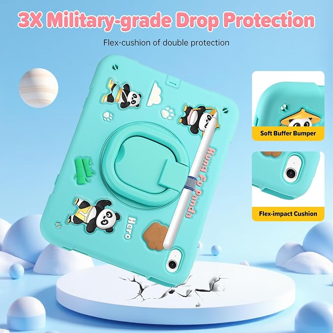 Case for iPad A16 11th Generation 11 Inch 2025 iPad 10th Generation 10.9 Inch 2022 Silicone 3D Panda Design Kids Case Heavy Duty Protection with Kickstand/Pencil Holder/Strap