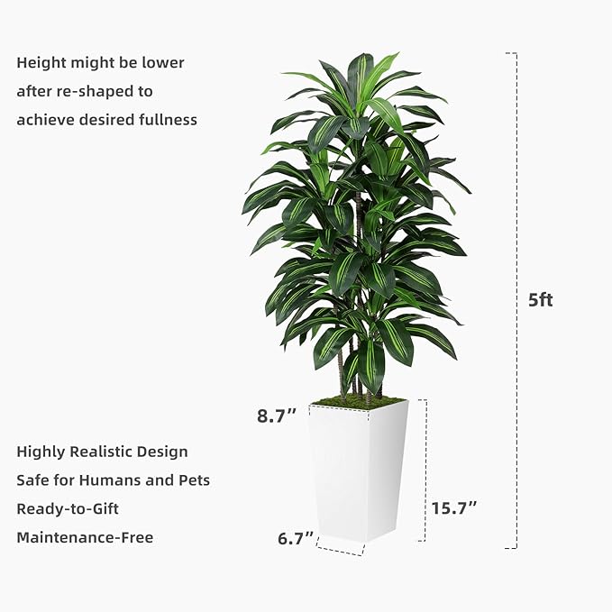 Artificial Dracaena Tree 5FT - Fake Tree with Black Tall Planter - Faux Yucca Tall Fake Floor Plant in Pot - Artificial Plant for Home Office Living Room Decor Indoor
