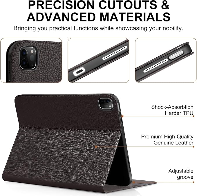 Genuine Leather Case for iPad 11th Gen 11/10th Gen 10.9 Black | Pencil Holder Adjustable Stand Auto Wake/Sleep Shockproof