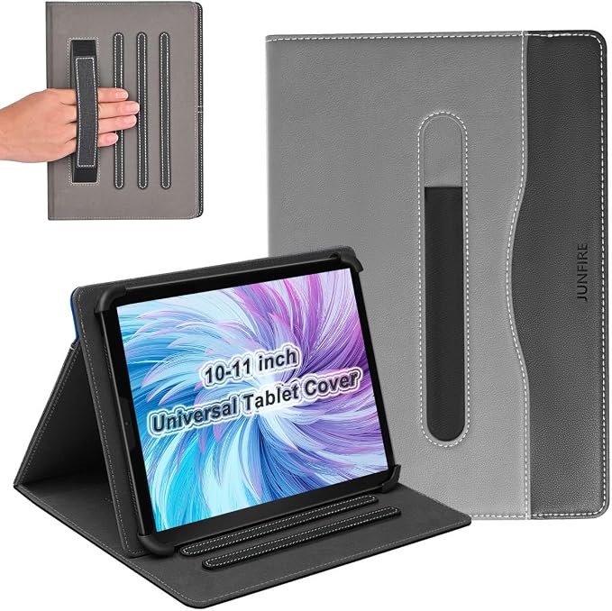 Junfire Universal 10.1 Inch Tablet Cover with Stylus Holder-Grey | Leather Folio Cover for Android/iOS/Windows Stand Hand Strap Pocket