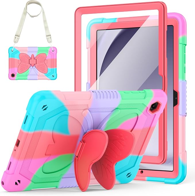 Cover for Samsung Galaxy Tab A11+ Plus/A9+ Plus Case with Screen Protector Galaxy Tab A11+/A9+ 11 inch 2025/2023 Released with Butterfly Stand Shoulder Strap Shockproof case for Kids Girl Colorful