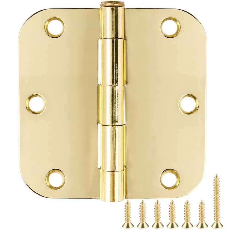 3 Pack Rounded Door Hinges 3-1/2" x 3.5 inch, 5/8 Radius, Polished Brass 3 ½ Inch Gold House Interior Hinge for Bed/Living/Guest/Pantry/Storage/Study/Work Room Doors Heavy Duty Steel Hardware Kit