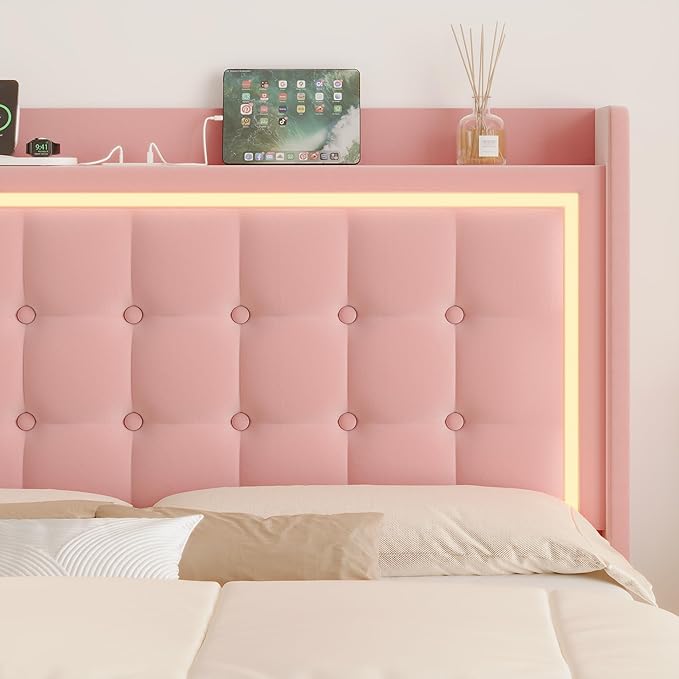 Keyluv Upholstered Full Floating Bed Frame with RGB LED Lights and Charging Station, Velvet Platform Bed with Button Tufted Storage Headboard, Type-C & USB Charging Ports, No Box Spring Needed, Pink