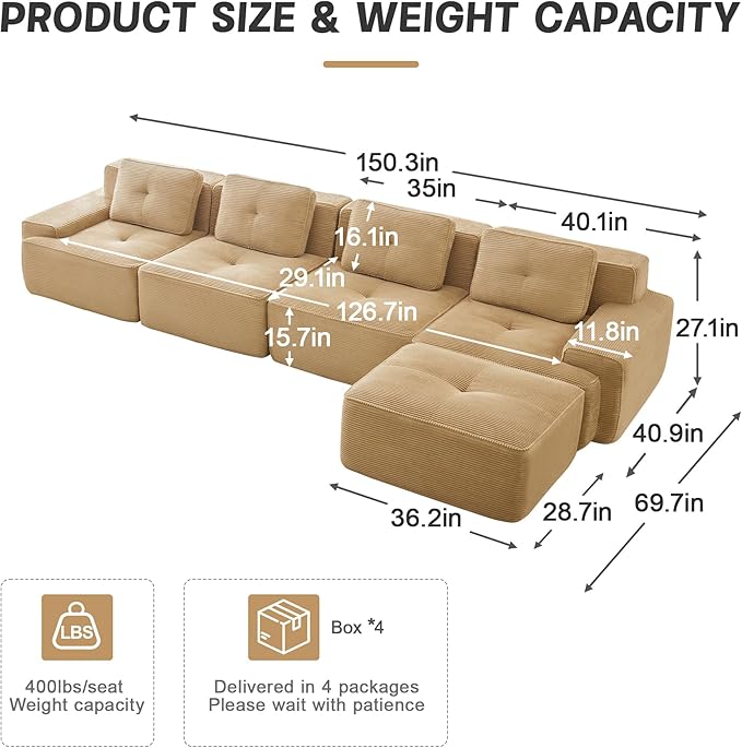 150.4'' Sectional Sofa, 32D Foam Corduroy Boneless Couch with Pillow, Deep Seat Wide Arm Sectional L Shaped Couch for Living Room, Apartment, Bedroom