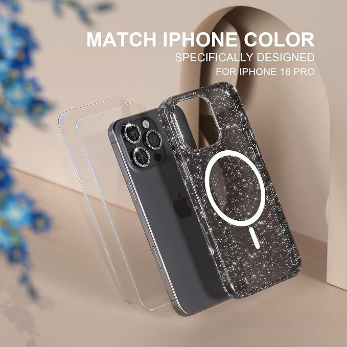 Choiche for iPhone 15 Pro Max Case Compatible with MagSafe Glitter Black | Women Girly Cute Glitter Sparkly Magnetic Phone Case with Diamond Camera Lens Protectors Military-Grade Drop Protection 6.7