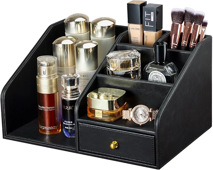 KINGFOM PU Leather Desk Organizer, Multifunction 6 Compartment Desk Organizers and Accessories for Office Supplies, Pen Pencil Holder/Book Mail Organizer Holder for Desk with Drawer(Black)