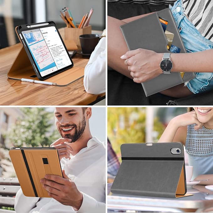 DTTO for iPad (A16) 11th Generation 11-inch &amp 10th Gen Case Brown | Premium Leather Business Cover with Pencil Holder Hand Strap &amp Pocket Corner Protection Auto Sleep/Wake for Work &amp