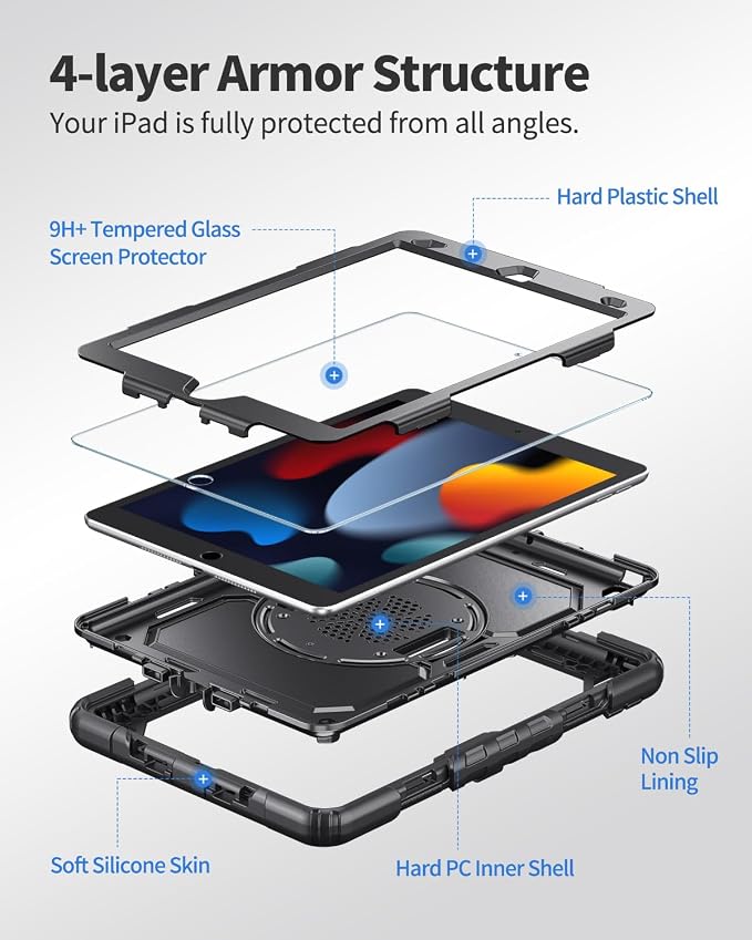 Ambison Case for iPad (A16) 11th/10th Generation 11''/10.9'' Black | Hand Strap 9H Tempered Glass Screen Protector Rotating Stand Shoulder Strap Heavy Duty Shockproof Pencil Holder