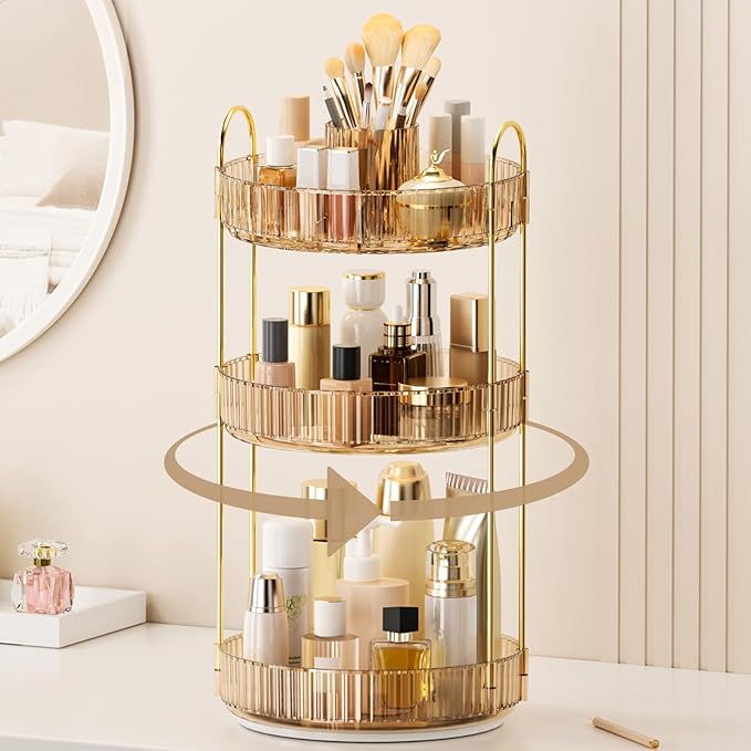 360° Rotating Makeup Organizer, Upgraded 3 Tier Skincare Perfume Organizers for Women, Bathroom Organizer Countertop, Clear Cosmetic Dresser Organizer with Makeup Brush Holder, Sink&Counter(Amber)