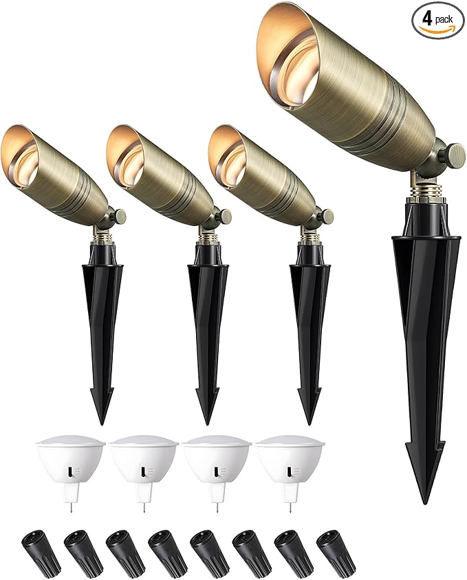 EDISHINE Solid Brass Landscape Spotlights, 12V LED Low Voltage Landscape Lights, 3CCT MR16 Bulb Included, Bronze Heavy Duty Waterproof Spot Lights,Outdoor Lighting for Garden Yard Tree, 4 Pack