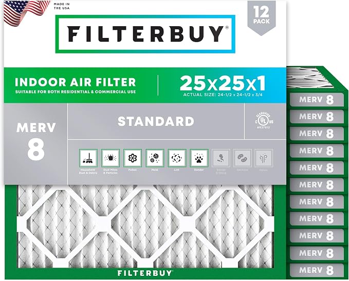Filterbuy 25x25x1 Air Filter MERV 8 Essential Dust & Allergy Defense,