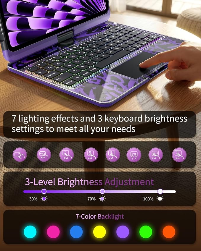 360°Rotation Bluetooth Keyboard Case for iPad 11th Gen（A16）10th 10.9 inch | iPad keyboard case 11/10th generationTouchpadKeyboard Battery Level Visualization360° rotateand 180° flip7-color backlit