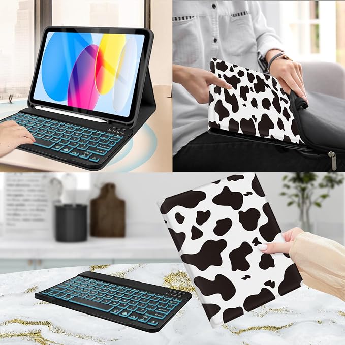 for Bluetooth Keyboard for iPad 10th Gen 10.9 inch (2022) case (A16) 11th / 10th Gen Case 11'' (2025) with 7-Color Backlights Pencil Holder Detachable Rechargeable - Black Cow