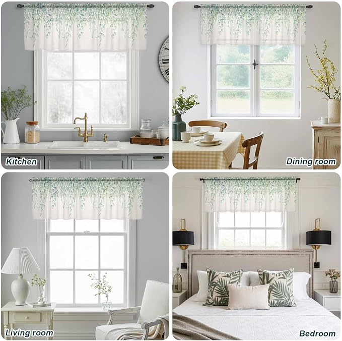 Green Leaf Sheer Valance Curtains, Eucalyptus Leaves Vintage Linen Texture