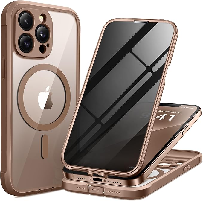 BERFY Magnetic for iPhone 13 Pro Max Case, Compatible with MagSafe, Built-in Privacy Screen Protector and Upgraded Camera Protection, Anti-Spy Full Body Shockproof Phone Case for 13 Pro Max 6.7",Brown