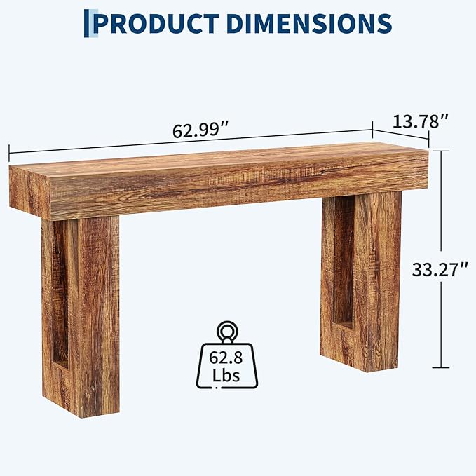 Garvee 63" Long Narrow Rectangular Console Table, Farmhouse Wood Entryway Table for Hallway, Foyer & Living Room, Sofa Table Behind Couch, Industrial Accent Table,Rustic Brown