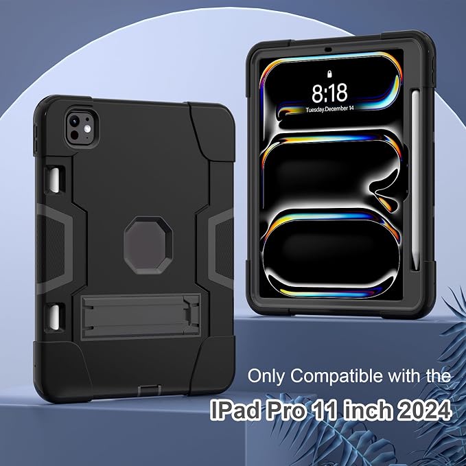 Tablet case for iPad Pro 11 Inch 2024 (5th Gen)Hard PC Soft Silicone Protective Kickstand tab Case for iPad Pro 2024 11 (Model: A3006/A2836/A2837) Pencil Holder Kickstand Cover Black