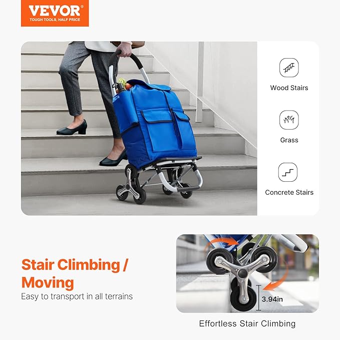 VEVOR Stair Climber Cart, 36L Capacity, Grocery Cart Laundry Stair Climbing Handcart with 6 Wheels & Oxford Cloth Bag, Foldable Stair Climber Hand Truck for Grocery Laundry Climbing