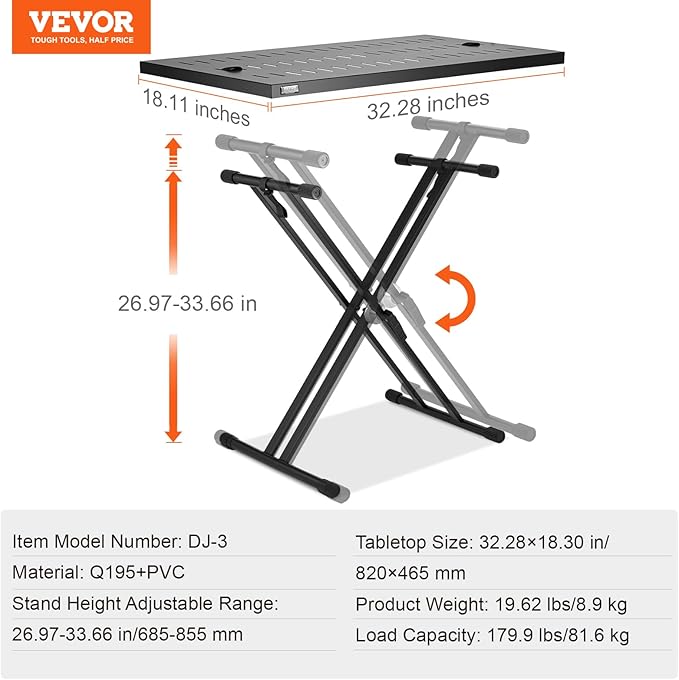 VEVOR DJ Table Stand, 32" x 20" Portable DJ Laptop and Controller Stand, Lightweight DJ Desk DJ Booth Adjustable Height DJ Stand, Foldable Double-X Braced Keyboard Stand & Tabletop, Audio Mixer Stand