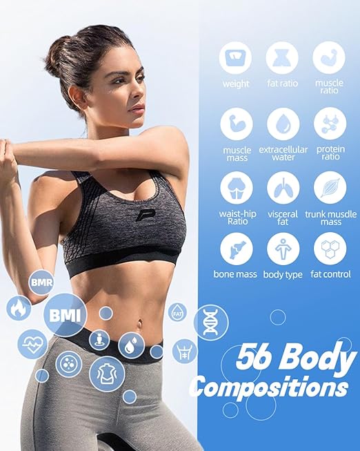 Smart Scale for Body Weight with BMI, Body Fat, Muscle Mass, Water Percentage, 8 Electrode Dual Frequency High Precision Bathroom Scale, Scale with App, 56 Body Composition Measurement (Black)