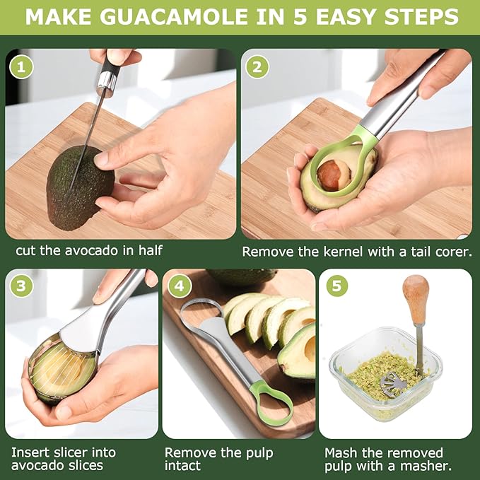 OERPHO 3-in-1 Avocado Slicer Tool Set – Stainless Steel Avocado Cutter, Masher & Peeler, Multi-Function Kitchen Gadget for Guacamole, Salads & Food