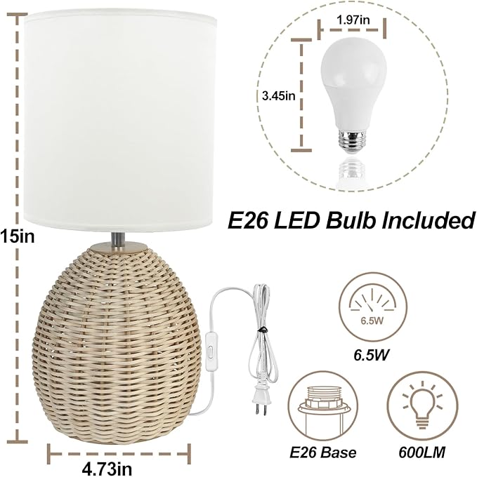Boho Rattan Table Lamp - 3 Color Temperature, Handwoven Nightstand Lamp for Bedroom & Living Room