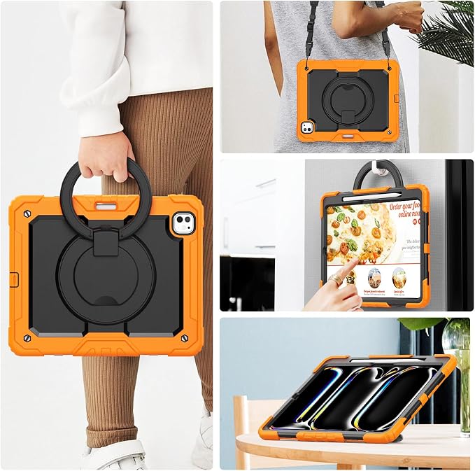 for iPad Pro 11 inch Protective Case M5 2025/M4 2024: Heavy Duty Shockproof Case with Pencil Holder - 360°Rotating Handle/Stand - Screen Protector - Shoulder Strap Black/Sky Blue