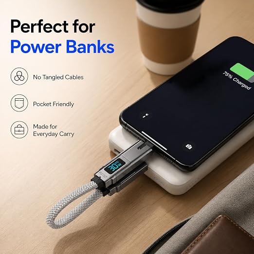 PZOZ 4-in-1 Keychain Charging Cable 60W Fast Charging USB C Cable with LED Display USB A/C to USB C &amp Lightning Portable Short Charger Cord for iPhone 16/15 iPad MacBook Samsung (60W 7.3 in