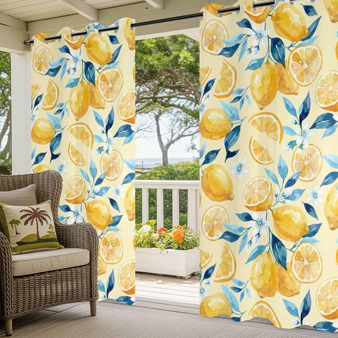 Lemon Outdoor Curtains for Patio Lemon Leaves Summer Plants Begin Waterproof
