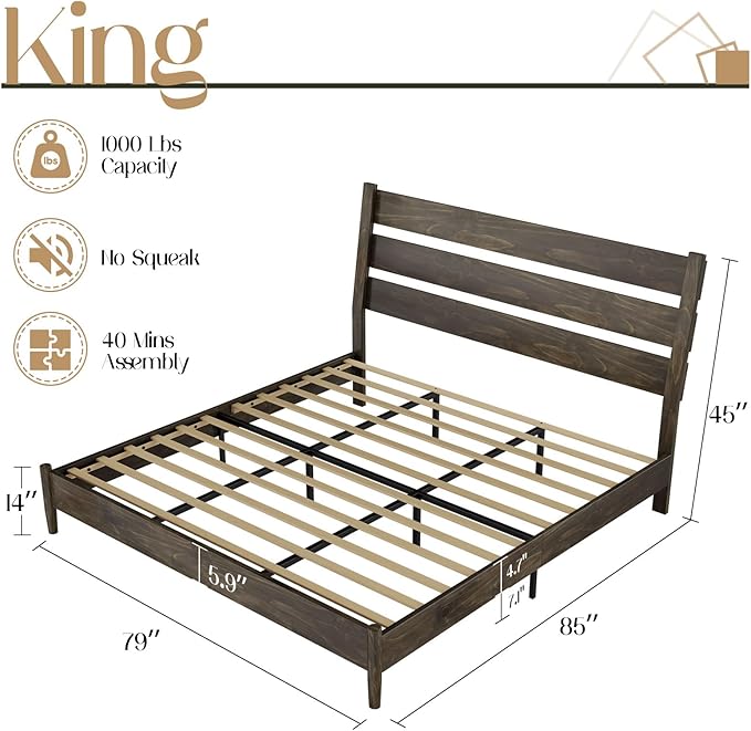VanAcc Solid Wood King Bed Frame, Platform Bed with Reclining Slatted Headboard, Mid Century with Wood Slat Support, Dark Brown