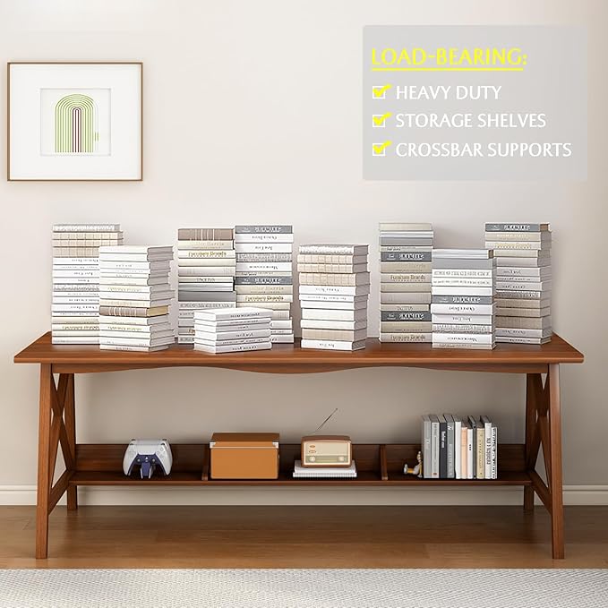 Extra Long Desk with Bookshelf - Wooden Home Office Work Study Table, 2-Person Writing Computer Workstation with Storage Shelf in Oak, 63" Wx20 Dx30 H