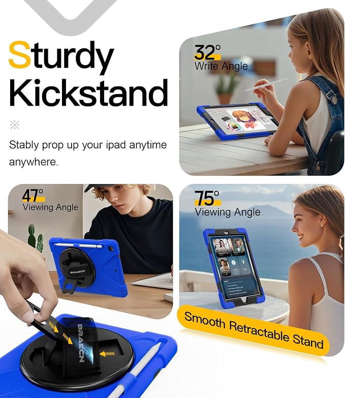 BRAECN Case for iPad 6th/5th Generation - 9.7 inch 2018/2017 Black | Protective Heavy Duty Shockproof Rugged Cover for Kids/Adults 360° Rotating Hand Strap/Stand &amp Detachable Shoulder Strap