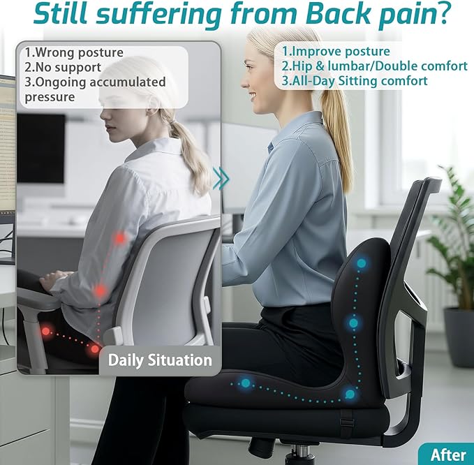 Memory Foam Seat Cushion,Office Chair Cushion with Lumbar Support for Back Pressure Relief,Sciatica,Non Slip Car Seat Cushion with Strap,Pad Orthopedic Cushions for Car,Truck,Desk (D-Black)