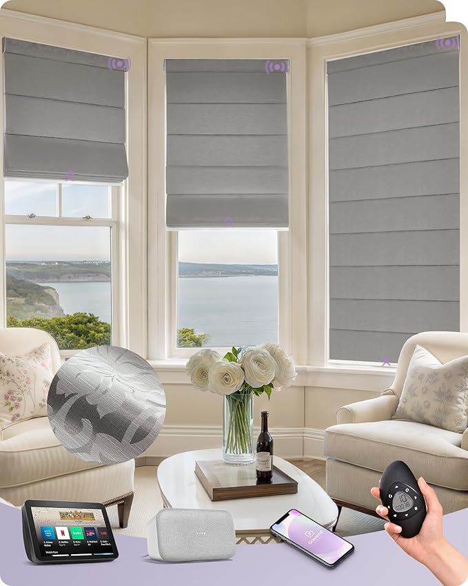 Graywind Smart Roman Shades Compatible with Alexa Google Rechargeable Motorized Blind with Remote Light Filtering Roman Window Shades Plain Fold Soft for Doors Bedroom, Custom Size (Floral Grey Brown)