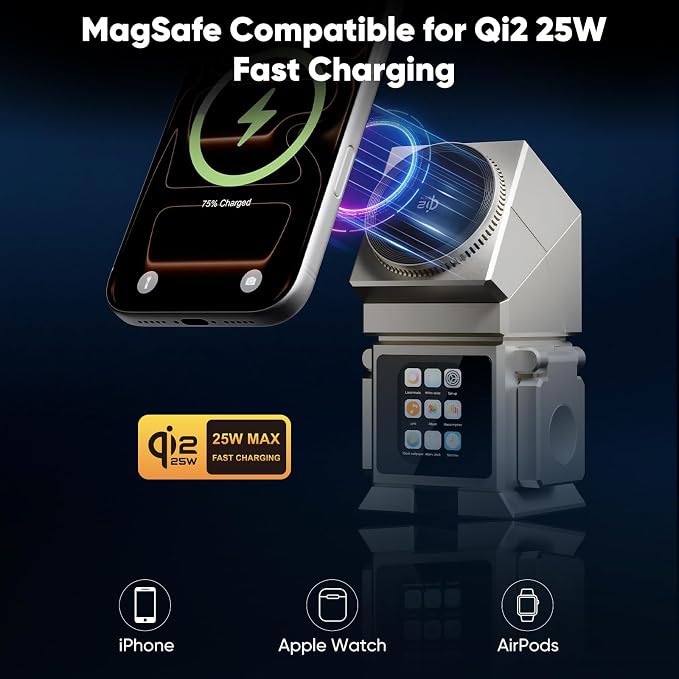 Robot 7-in-1 Magnetic Wireless Charging Station with Qi2 25W Fast Charging | Multifunctional Rotating Charger for Apple Multiple Devices LCD Display Bluetooth Speaker Alarm Clock 45W Adapter Sliv