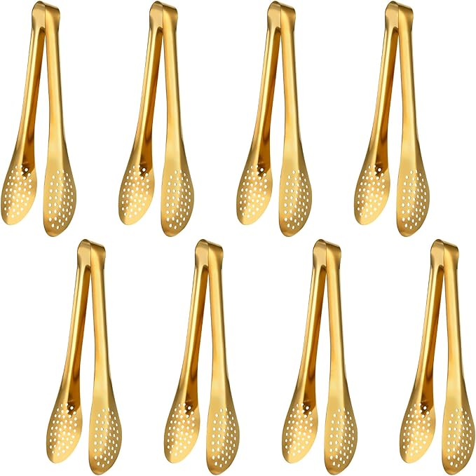 Elesunory 8 PCS Serving Tongs 9 Inch, Gold Tongs for Serving Food, Stainless Steel Tongs for Serving, Serving Utensils Cooking Clips for Buffet, Appetizer, Dessert, Parties